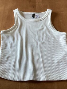 Divided White Ribbed Crop Tank